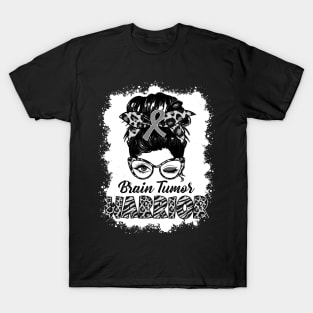 Brain Tumor Warrior Women Messy Bun Brain Tumor Awareness T-Shirt